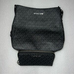 Michael Kors Jet Set Travel Crossbody Messenger Bag Silver Logo W/Wallet